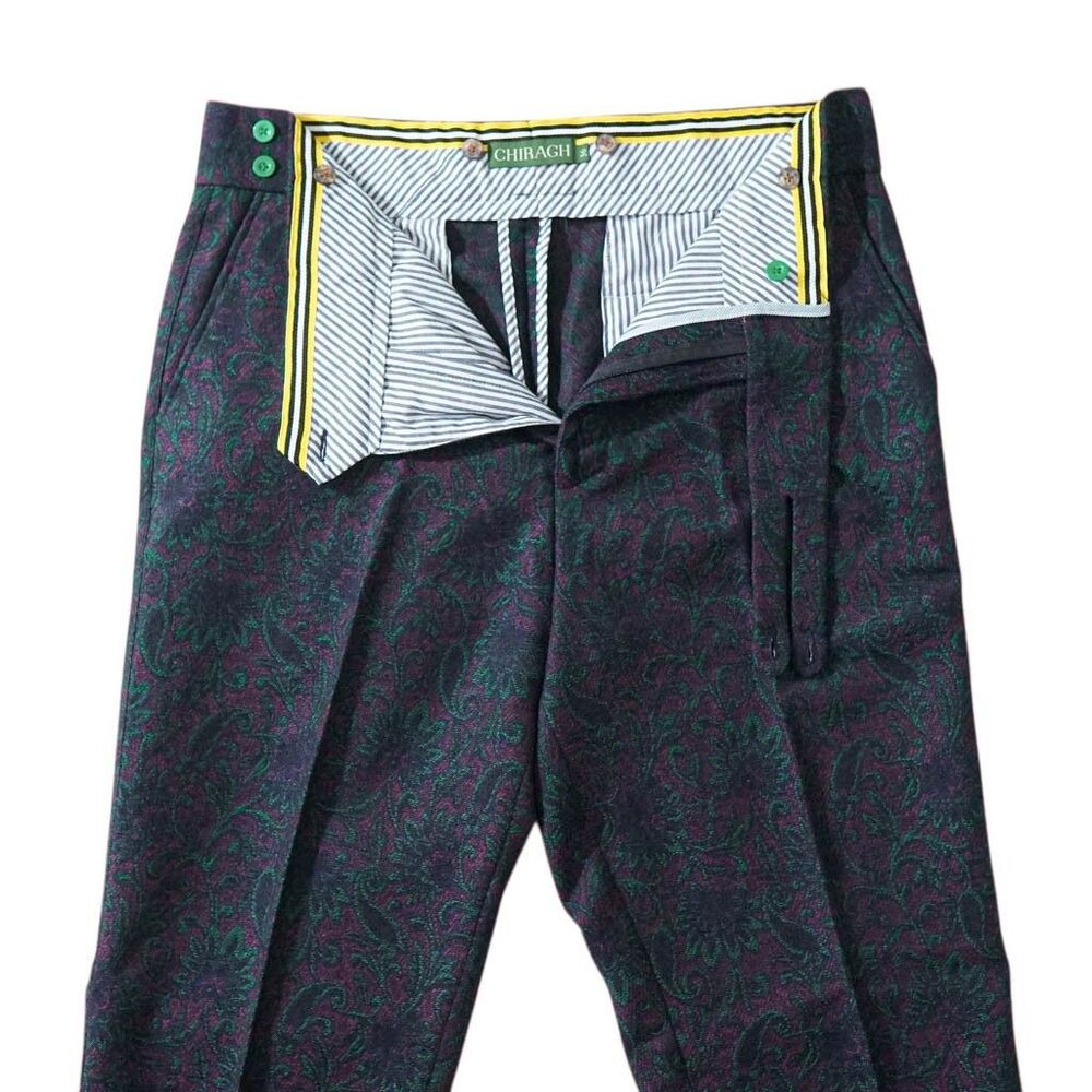 Mens 36 Gurkha Pants Purple Green Paisley 100% Wool Flat Front Straight Trousers - Picture 4 of 8